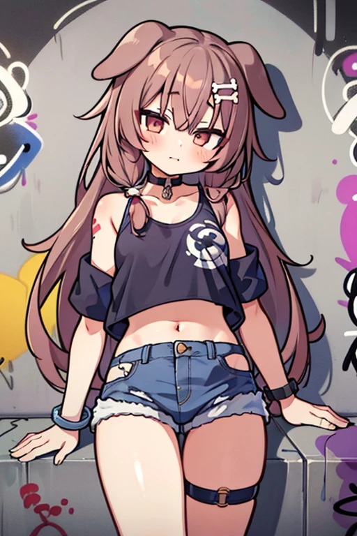 ((inugami korone)), masterpiece, highest quality, One girl, alone, Crop top, Denim shorts, choker, (graffiti:1.5), Paint splashes, Against the wall, View your viewers, Armband, Thigh straps, body paint, Tilt your head, boredom, Multicolored Hair, Cute eyes,