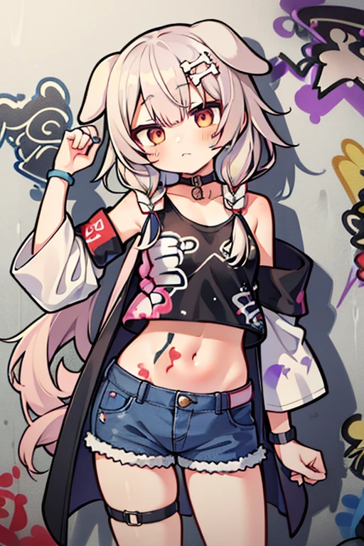 ((inugami korone)), masterpiece, highest quality, One girl, alone, Crop top, Denim shorts, choker, (graffiti:1.5), Paint splashes, Against the wall, View your viewers, Armband, Thigh straps, body paint, Tilt your head, boredom, Multicolored Hair, Cute eyes,