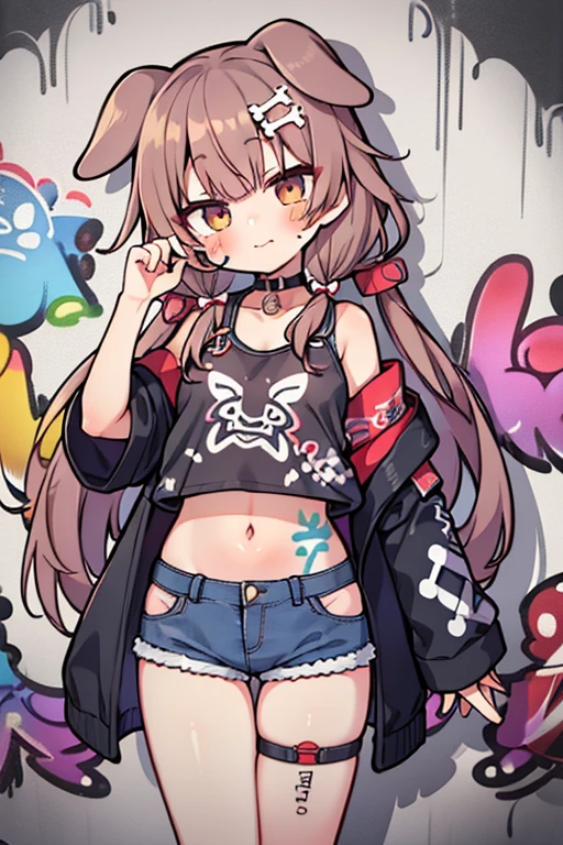 ((inugami korone)), masterpiece, highest quality, One girl, alone, Crop top, Denim shorts, choker, (graffiti:1.5), Paint splashes, Against the wall, View your viewers, Armband, Thigh straps, body paint, Tilt your head, boredom, Multicolored Hair, Cute eyes,
