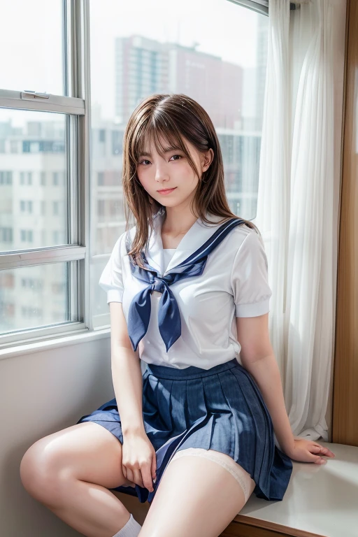 highest quality,Ultra-detailed,masterpiece,Realistic,Photo realistic,Bright lighting,One Girl, Very beautiful 17 year old girl, (cute:1.2),A faint smile, (Brown eyes),(Brown haired),(Bans),Perfect glowing skin,Perfect Skin,((erotic,Sexy and sexually explicit)),((Accurate needles without discomfort)), Big ample breasts,Big breasts and small waist, Look at the viewers,((Sailor suit)),((Short sleeve uniform white shirt)),(Red tie),(Mini pleated skirt in blue),(((Roll up the skirt yourself))),(Lifted it himself),(Showing panties),Wearing panties,Panty Focus,((get up,Spread your legs)), socks, (黒のニーsocks),(Loafer shoes), Daytime,in the train,A long seat facing away from the window