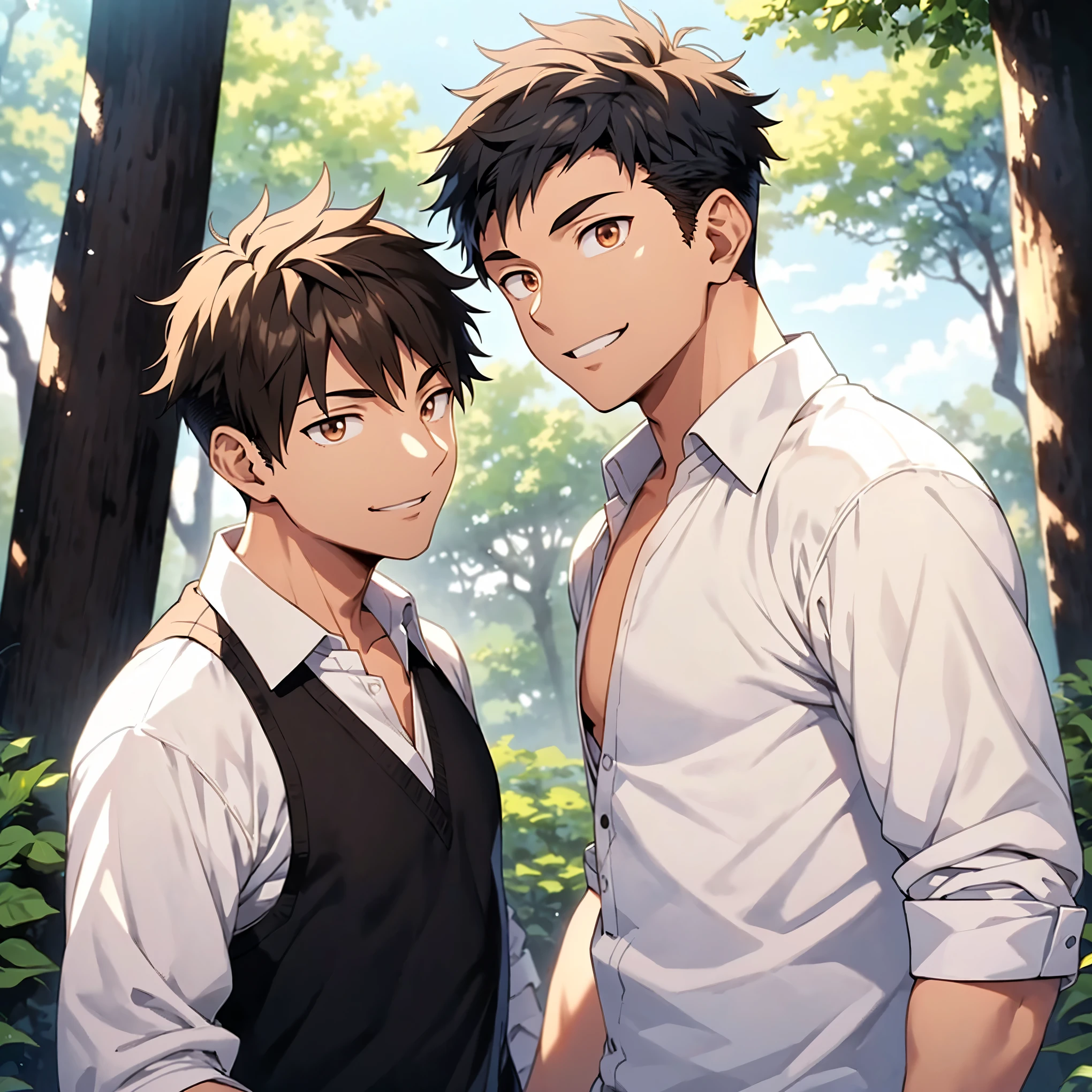 2 boy,black hair and brown hair,(hold shoulders),eye contact,(white open collar shirt),smile,sunlight filtering through the trees,Watercolor,(detailed eyes),detailed skin,(masterpiece,best quality:1.4),Top Quality,High quality,Ultra detailed,insanely detailed,anime style