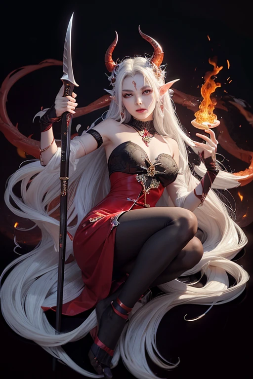 a devil according to Buddhist concept, beautiful and saintly face, head with sharp and impressive horns, eyes looking straight at the viewer, nose with piercing, white fangs bared, long and beautiful ears, neck wearing red-hot metal jewelry, masterpiece photo, 8K quality photo, background with smoke and fire and creepy scene, full body photo, devil holding scary weapon