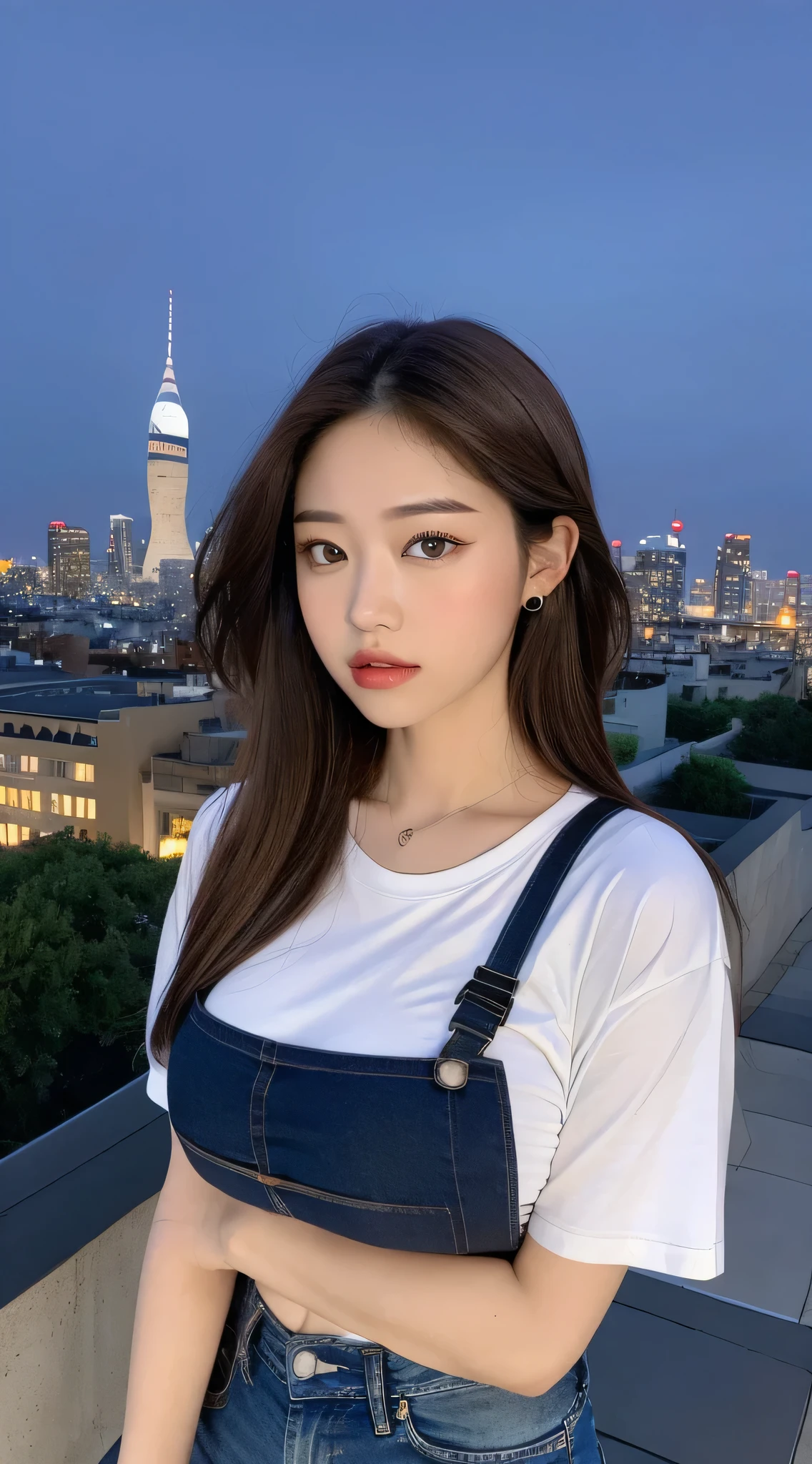 ((Midnight, Acura, 8k, masterpiece: 1.3)), whole body, Long legs, focal distance: 1.2, Perfect body beauty: 1.4, Slim Abs: 1.1, ((Dark brown hair,Very big boobs: 1.45 )), (White Skinny T-Shirt, Denim Biggets, Are standing: 1.2), ((City night view, roof: 1.3)), Highly detailed face and skin texture, Beautiful Eyes, double eyelid, Panorama, whole body shot, Good fingers