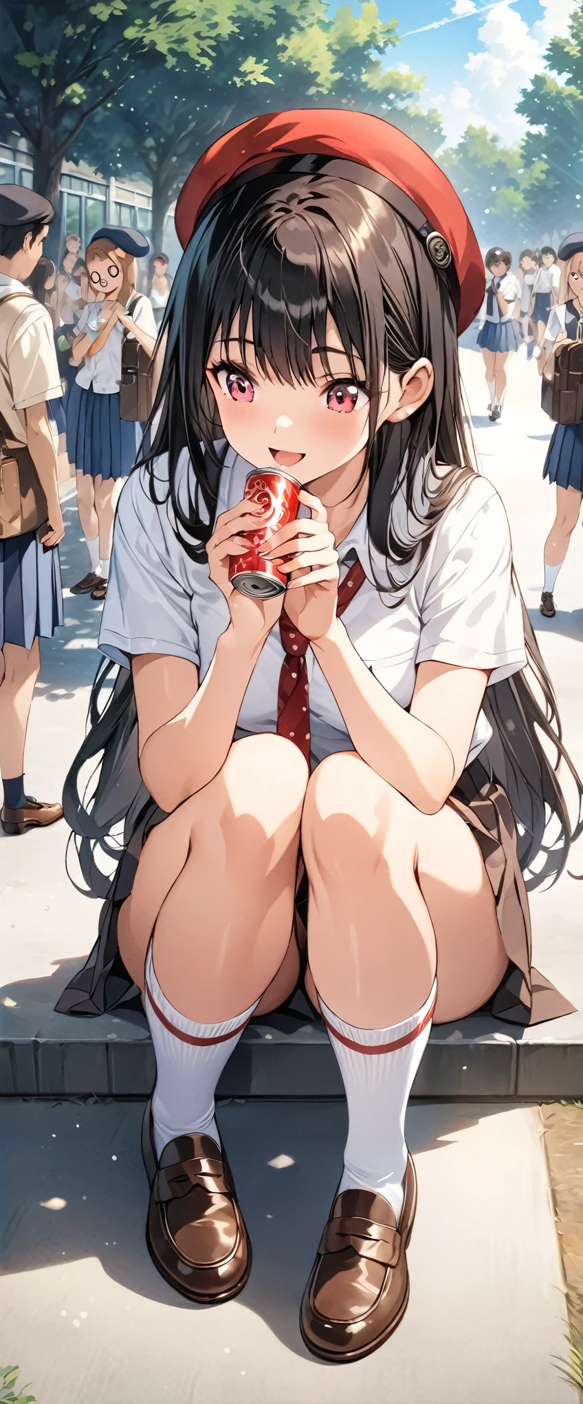 (masterpiece, best_quality), extremely detailed CG unity 8k wallpaper, super fine illustration, (anime_style), Woman posing for a photo, A shy smile, Small open mouth, Long Hair, Straight hair, Fine skin, Beautiful Hands, Beautiful fingers, Wearing a beret, tie, Small breasts, Short sleeve blouse, Pleated skirt, Thighs, Absolute area, Knee socks, loafers, Daytime, Hot summer day, School, Schoolyard, Sitting on a bench, holding Canned juice, Natural light, Detailed face:1.2, Sharp focus, Hasselblad Photos, masterpiece, light makeup, Cinematic lighting, 4k, sharpness, Anime Style, whole body, Canned juice, BREAK looking at another, perfect anatomy, perfect body, (perfect arms), (perfect hands, perfect fingers), perfect legs, perfect feet, perfect toes, 5_fingers, (4_fingers,1_thumbs),