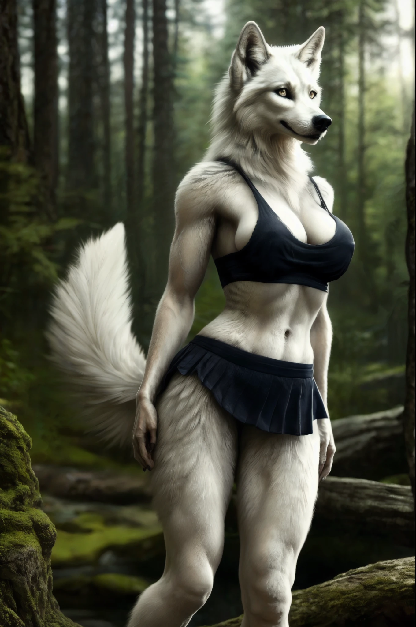 anthro, white wolf, female, adult, mini skirt, tank top, revealing, (realistic fur, fur, realistic fur texture:1), detailed background, wilderness background, photorealistic, hyper realistic, ultra detailed, sexy pose, seductive, flirting, busty, curvy, bikini