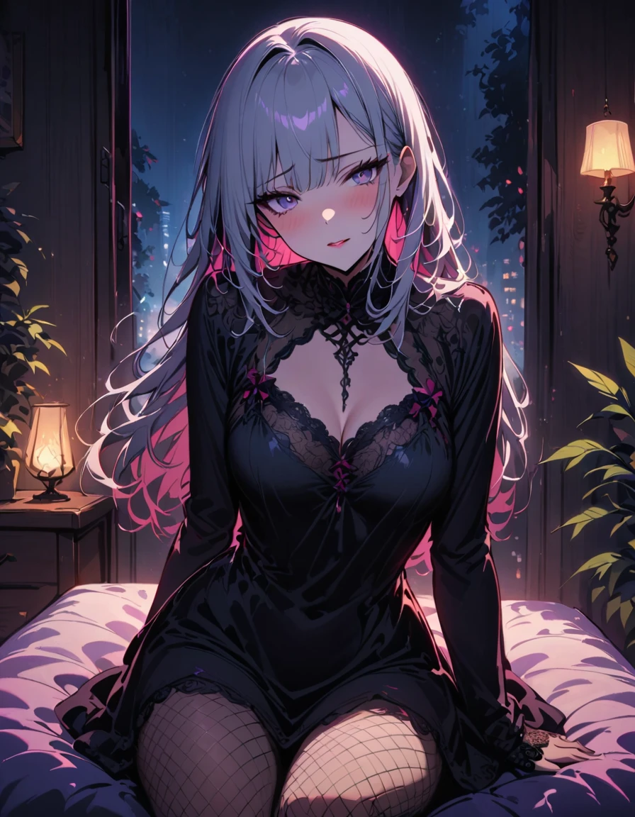 ((SFW)), (masterpiece, best quality, highres), 1 adult female, solo, nighttime, sitting on a bed, forest in the background, ((comfortable night gown)), long silver hair, pale pink lips, Fishnet tights, blushing, ((anxious, waiting for someone)), three bangs, lace gloves, grey eyes, facial details, beautiful eyes, eyes full of details), dim moon light