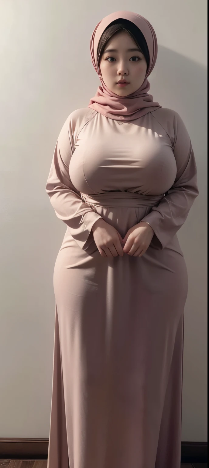 (Best quality,8k,ultra high res:1.2),(Pretty Japanese girl),(Huge breasts:0.8),(long dress), (thick thighs:0.9), (obese body), (modern plain hijab ), (sfw)