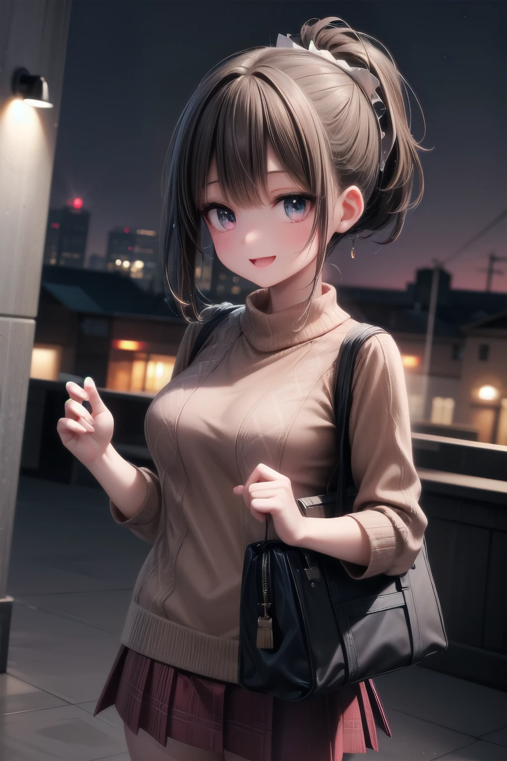 very cute and beautiful girl,(highly detailed beautiful face and eyes),
(smile),happy,embarrassed,looking at viewer,(argyle pattern sweater),cowboy shot,(white and pink plaid skirt),
standing in front of hotel entrance in modern capital city,night,holding tote bag,black hair,low ponytail,
(best quality,masterpiece),absurdres,highres,ultra-detailed,extremely detailed,32k,8k resolution,
intricate details,cinematic scene,detailed background,solo,dynamic angle,