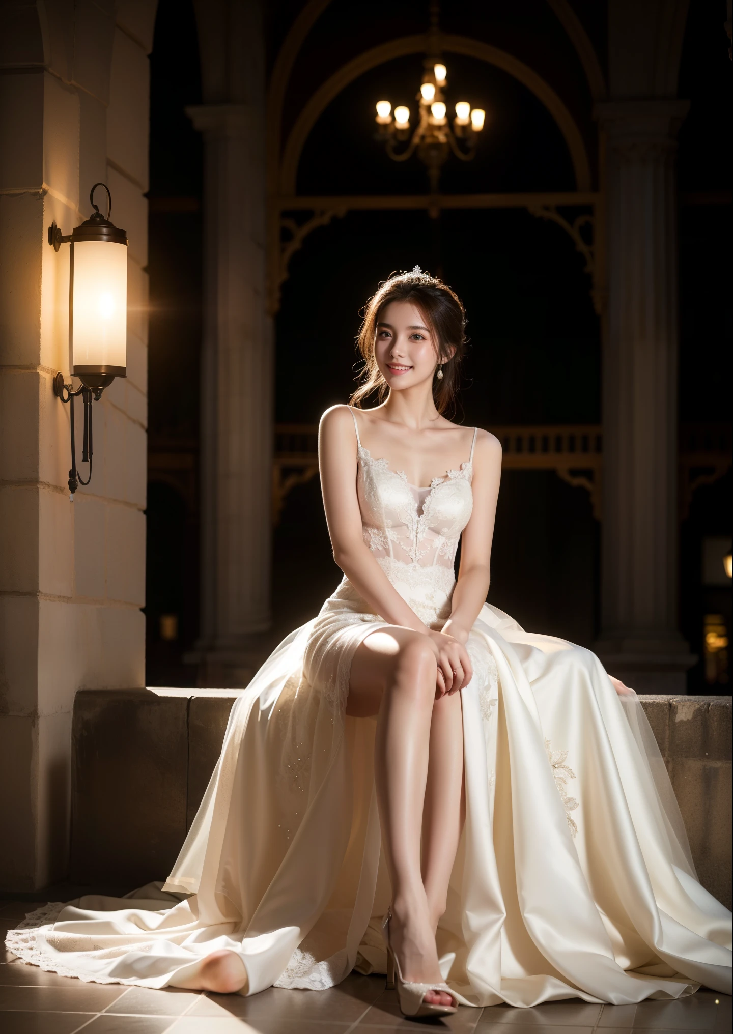 Beautiful 17 year old woman。She is wearing a wedding dress. She is smiling on illuminated by the evening church lights . romantic sunset. her dark brown hair. High resolution、masterpiece、highest quality、頭w:1.0、((Hasselblad Photos))、fine skin、(movie lighting)、clavicle . full body picture.