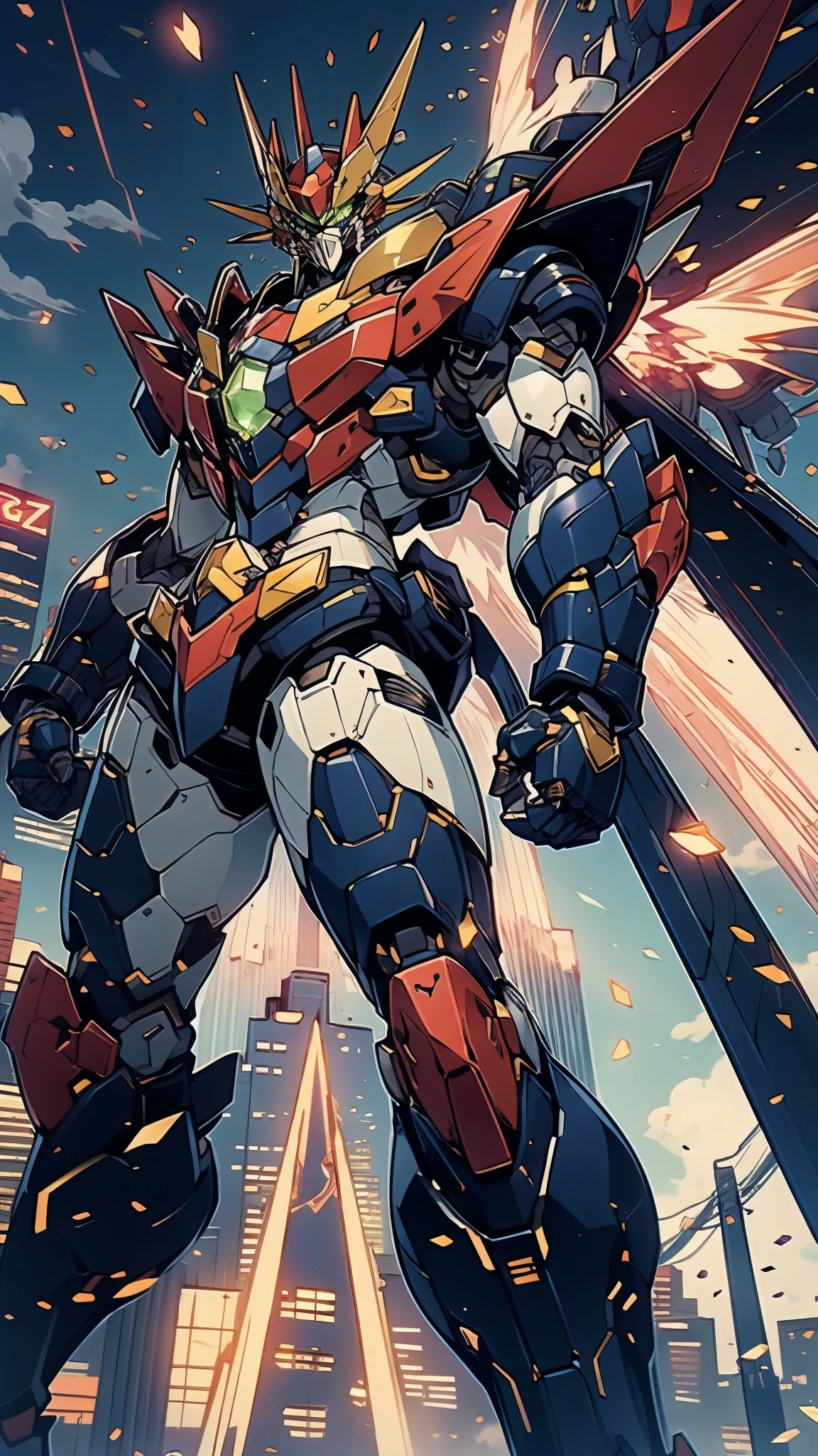 A man wearing a full-face helmet, a fantasy-style biotech armored combat suit, green eyes, (a composite layered chest armor), fully enclosed shoulder guards, matching arm and leg guards, the belt is adorned with Z mark, (the color scheme is primarily white with red and blue accents), the design balances heavy with agility, a high-tech bio-mecha armor, (Armor Concept Inspired by Mazinger Z, stand on the top of a skyscraper in a futuristic sci-fi city), this character embodies a finely crafted fantasy-surreal style armored hero in anime style, exquisite and mature manga art style, (battle damage, element, plasma, energy, the armor glows), ((male:1.5)), metallic, real texture material, dramatic, high definition, best quality, highres, ultra-detailed, ultra-fine painting, extremely delicate, professional, perfect body proportions, golden ratio, anatomically correct, symmetrical face, extremely detailed eyes and face, high quality eyes, creativity, RAW photo, UHD, 32k, Natural light, cinematic lighting, masterpiece-anatomy-perfect, masterpiece:1.5