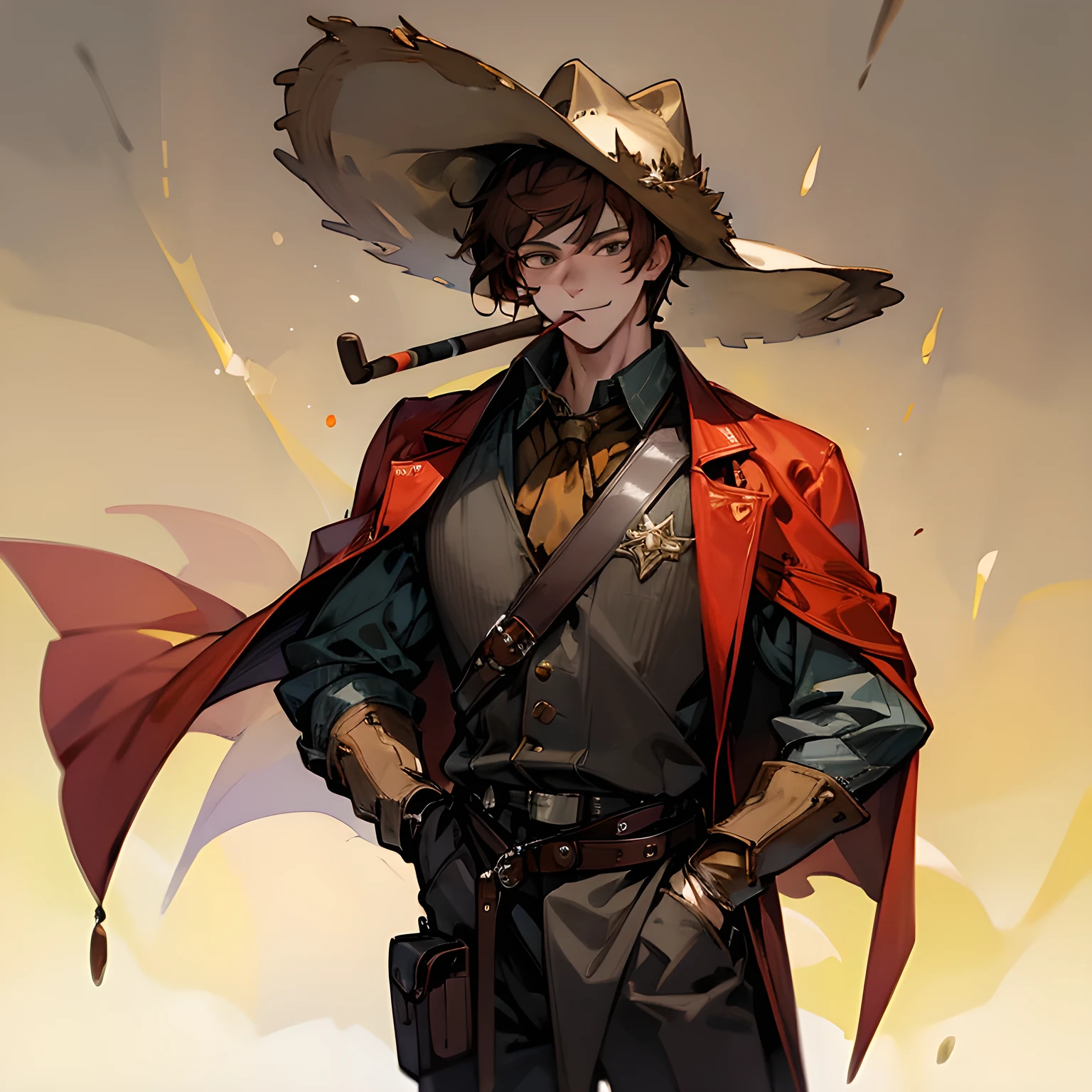 (masterpiece, best quality:1.2), Cowboy shooting, Solitary, Male focus, 1 boy, McRae, Smile, Hands in pockets, Brown cape,Second Dimension,Cowboy hat,Reddish-brown hair,With a cigar in his mouth