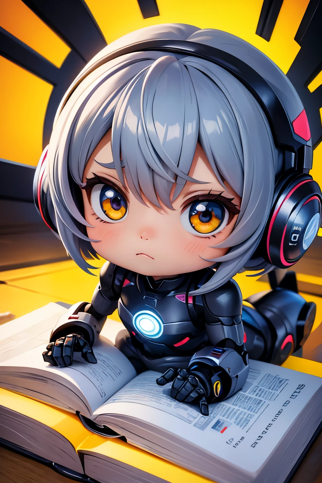 robo fofo, big head, chibi, olhos grandes, todo feito de metal, segurando um livro, rosto risonho, chorando de tanto rir, cartoon