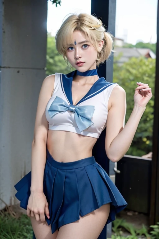 Beautiful girl、Sailor Moon, Beautiful Blue Eyes、White panties、Blonde hair that is almost yellow、Beautiful blonde long hair, A cute 19 year old face、Place your hands horizontally at your sides、Christ Pose、He was put on the cross.、Execution、choker, White gloves, Blue Skirt、Thighs、Big Breasts、Large Breasts、Big Hips、Beautiful feet、Big red ribbon on chest、Defeated Heroine、Tattered and torn clothes、Underwear exposed、Skirt fluttering in the wind。rubble、Destroyed city、inflammation、Torn Costume、Looking down