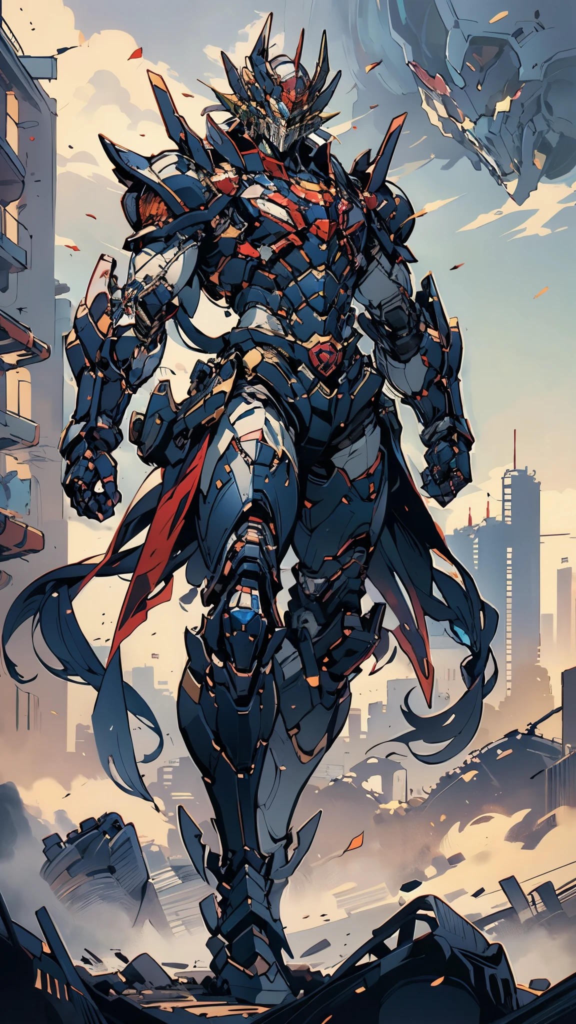 A man wearing a full-face helmet, a fantasy-style biotech armored combat suit, green eyes, (a composite layered chest armor), fully enclosed shoulder guards, matching arm and leg guards, the belt is adorned with Z mark, (the color scheme is primarily white with red and blue accents), the design balances heavy with agility, a high-tech bio-mecha armor, (Armor Concept Inspired by Mazinger Z, stand on the top of a skyscraper in a futuristic sci-fi city), this character embodies a finely crafted fantasy-surreal style armored hero in anime style, exquisite and mature manga art style, (battle damage, element, plasma, energy, the armor glows), ((male:1.5)), metallic, real texture material, dramatic, high definition, best quality, highres, ultra-detailed, ultra-fine painting, extremely delicate, professional, perfect body proportions, golden ratio, anatomically correct, symmetrical face, extremely detailed eyes and face, high quality eyes, creativity, RAW photo, UHD, 32k, Natural light, cinematic lighting, masterpiece-anatomy-perfect, masterpiece:1.5