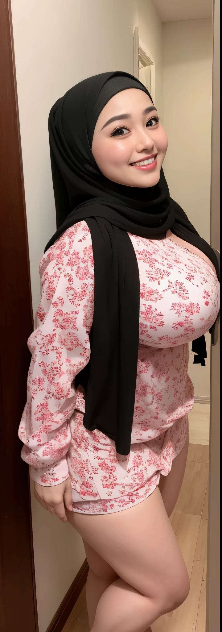(iu:0.8), RAW, Best quality, high resolution, Masterpiece: 1.3, Beautiful hijabi bbw chubby malay women ,big eyes, perfect nose, perfect bbw body, wearing sport bra, huge large big breast, Masterpiece, smile teeth.