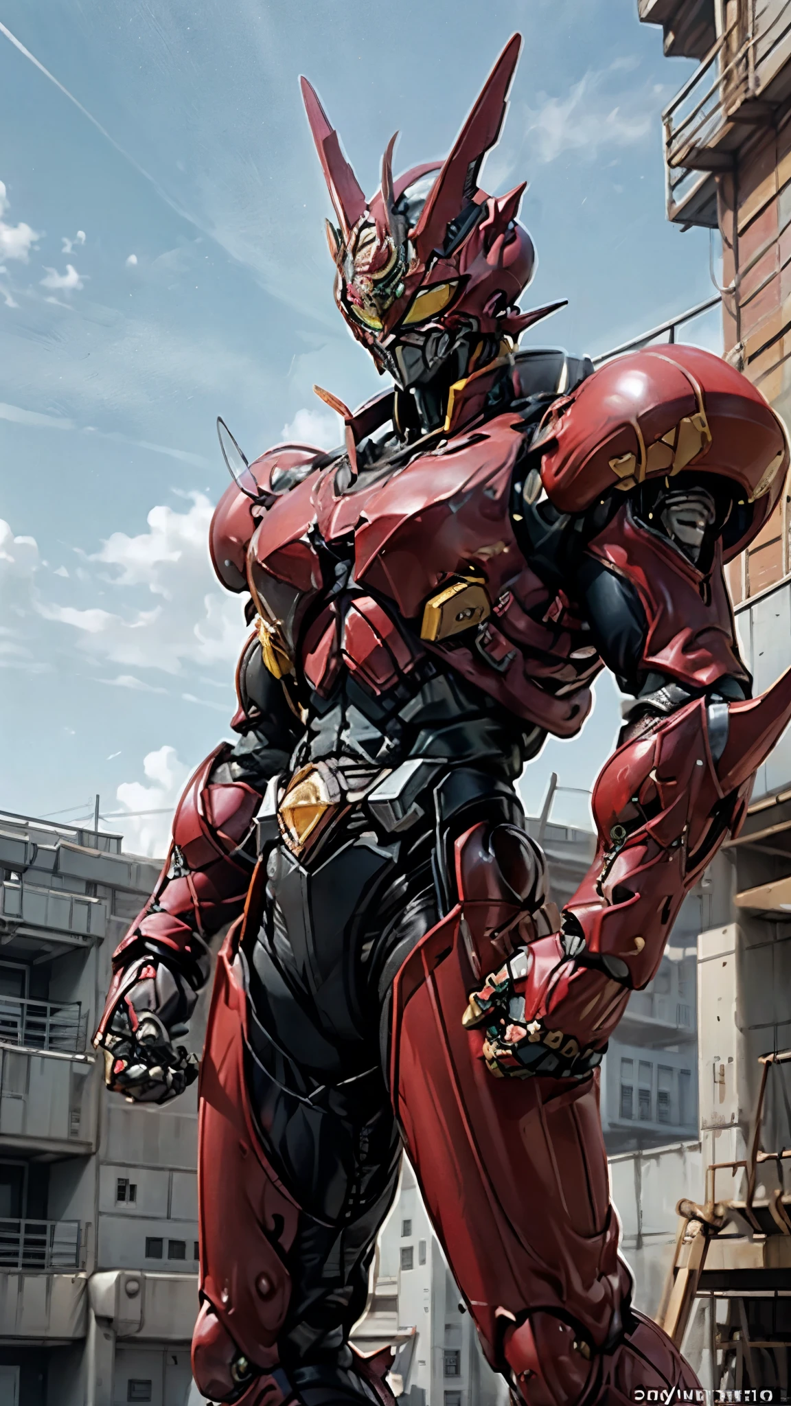 A man wearing a full-face helmet, a fantasy-style biotech armored combat suit, green eyes, (a composite layered chest armor), fully enclosed shoulder guards, matching arm and leg guards, the belt is adorned with Z mark, (the color scheme is primarily white with red and blue accents), the design balances heavy with agility, a high-tech bio-mecha armor, (Armor Concept Inspired by Mazinger Z, stand on the top of a skyscraper in a futuristic sci-fi city), this character embodies a finely crafted fantasy-surreal style armored hero in anime style, exquisite and mature manga art style, (battle damage, element, plasma, energy, the armor glows), ((male:1.5)), metallic, real texture material, dramatic, high definition, best quality, highres, ultra-detailed, ultra-fine painting, extremely delicate, professional, perfect body proportions, golden ratio, anatomically correct, symmetrical face, extremely detailed eyes and face, high quality eyes, creativity, RAW photo, UHD, 32k, Natural light, cinematic lighting, masterpiece-anatomy-perfect, masterpiece:1.5