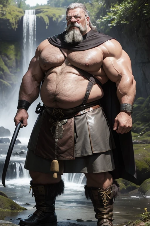 old angry saxon warrior soldier gray hair and big handlebar mustaches super heavy bodybuilder flexing his muscles A shirtless bodybuilder A full body obese bodybuilder with a very sweaty body An extremely muscular and extremely fat old man over 70 years old weighing over 600 pounds Very muscular and very hairy with large flabby pecs with dark nipples and gynecomastia in a forest landscape with a waterfall wearing a long deerskin cape and a leather skirt