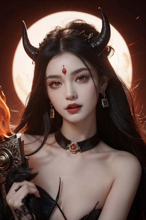 a devil according to Buddhist concept, beautiful and saintly face, head with sharp and impressive horns, eyes looking straight at the viewer, nose with piercing, white fangs bared, long and beautiful ears, neck wearing red-hot metal jewelry, masterpiece photo, 8K quality photo, background with smoke and fire and creepy scene, full body photo, devil holding scary weapon