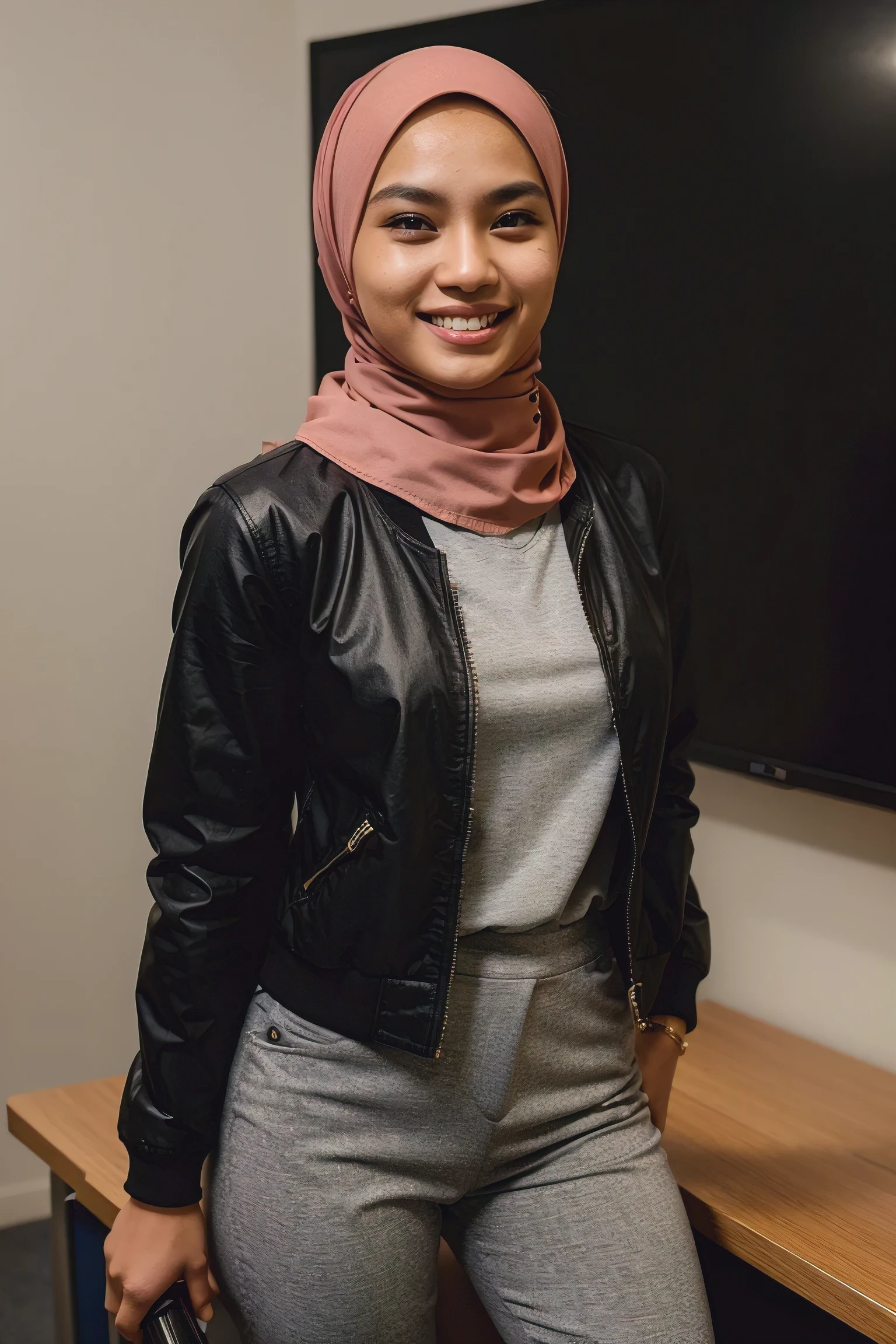24 year old age malay woman with hijab,smiling,wearing jacket,wearing tight pants,office background