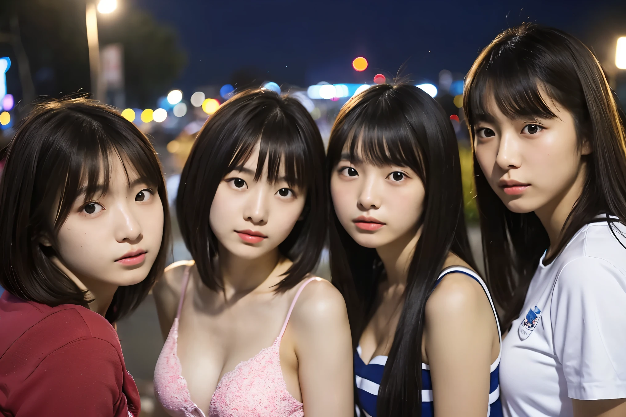 Super detailed super high quality super high quality surreal photograph three japanese girls Each girl has a different hairstyle randomly Fair skin 16 years old ((half-open lips:1.3)) beautiful and soft skin ((Beautifully styled straight short hair)) beautiful and perfect body surprisingly very cute A beautiful and transparent young man々new skin 16 years old (A high school girl wearing a thin camisole) big breasts whole body everyday city busy city ((night)) viewer'perspective Front view (big breasts:1.3) (cleavage) (amazingly cute girl:1.3) (whole bodyポートレート)