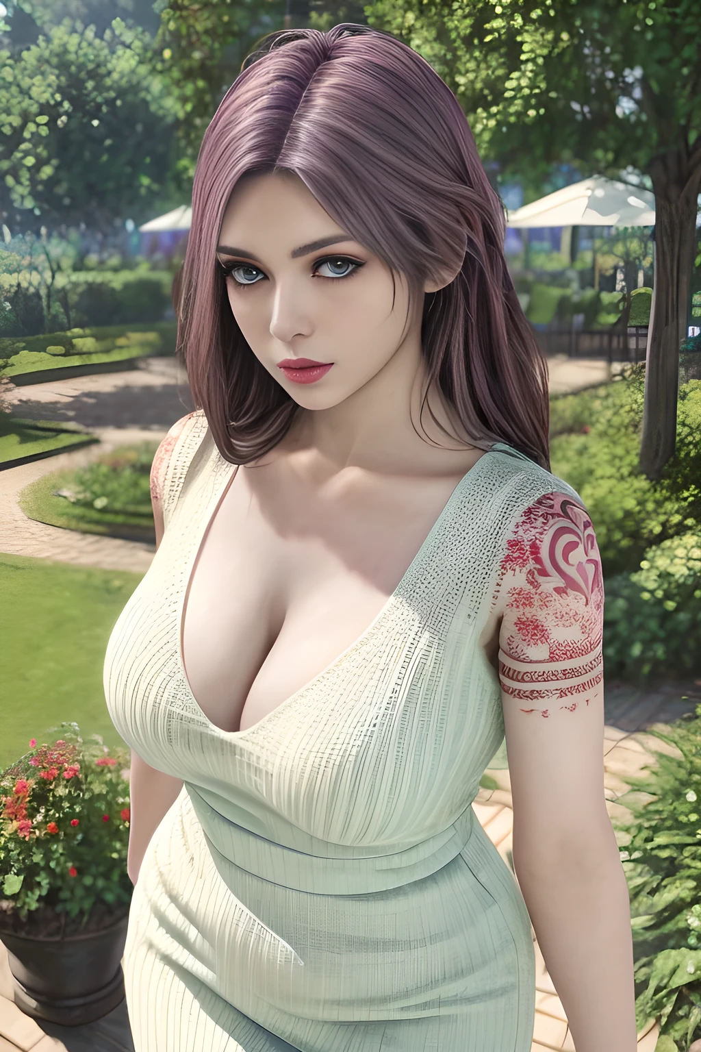 1girl, in a garden, white knit dress, appealing cleavage,( beautiful tattoo:1.2), overhead view, beautiful detailed eyes, beautiful detailed lips, extremely detailed eyes and face, long eyelashes, greenery around, blooming flowers, bright sunlight, shady trees, outdoor setting, feminine charm, detailed texture, snug fit, fashionable, soft fabric, radiant skin, (best quality,4k,8k,highres,masterpiece:1.2), ultra-detailed, (realistic,photorealistic,photo-realistic:1.37), elise,