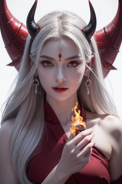a devil according to Buddhist concept, beautiful and saintly face, head with sharp and impressive horns, eyes looking straight at the viewer, nose with piercing, white fangs bared, long and beautiful ears, neck wearing red-hot metal jewelry, masterpiece photo, 8K quality photo, background with smoke and fire and creepy scene, full body photo, devil holding scary weapon