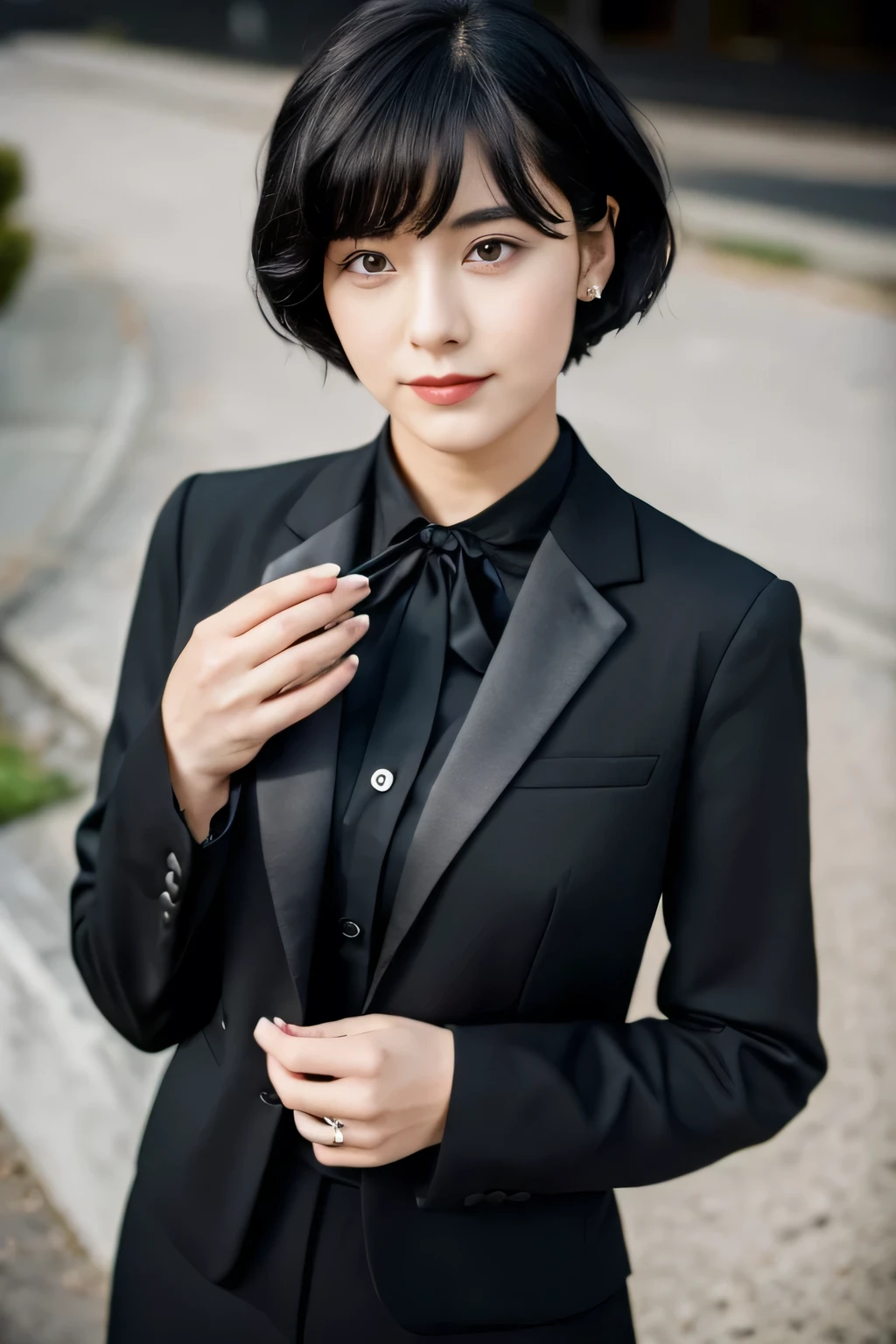 Late 20s　woman　suit　short hair　Black Hair　funeral director