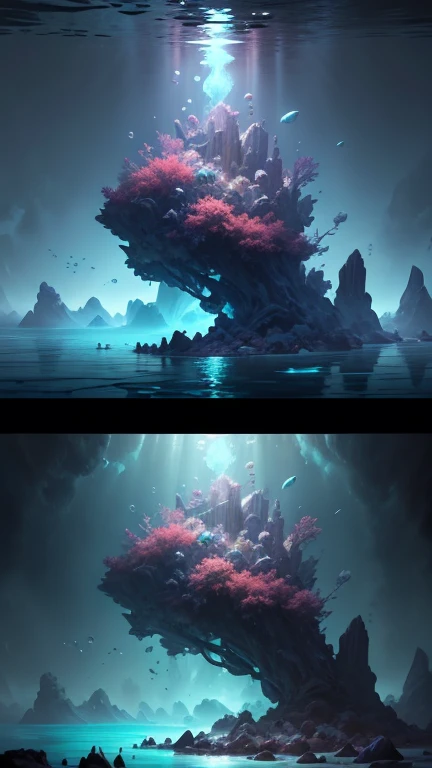 Model shooting style, (Highly detailed CG Unity 8k wallpaper),((Bubbling underwater landscape)),Underwater shrine with large transparent ice torii gate,Futuristic underwater transparent ice,Beautiful Undersea Japan,Colorful tropical fish, Beautiful coral reef in the background,Vast and breathtaking views.Immerse yourself in the beautiful deep sea,art germ, Broken glass, ((Bubbling underwater landscape)),Deep sea concept art, Inspired by Andreas Rocha, Andreas Rocha Style, Detailed fantasy digital art, Highly detailed digital art in 4K, Fantasy Art Behance, Surreal deep sea landscape, ❄️ Dream concept art, Andreas Rocha, highly detailed fantasy art, Detailed digital 2D fantasy art