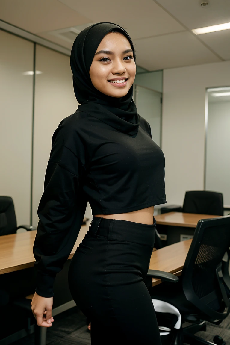24 year old teenage malay woman with hijab,smiling,wearing jersey,wearing tight pants,office background