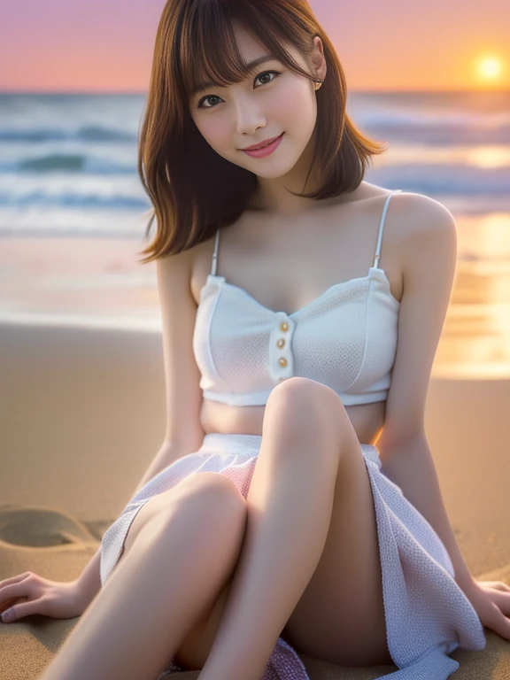 Photo-realistic quality、A fifty-something Japanese woman sitting cross-legged on the beach, Thin strap white top、mini skirt、Beautiful girl, cute２０Old woman, Soft sunset light, 女の子 cute 綺麗な顔, Gorgeous Japanese Model, Beautiful soft lighting, It&#39;s hot with the shining sun, 若くてcute顔, Beautiful girl model, a cute若い女性, Japanese Idol,  cute笑顔、looking at the camera、Gentle expression、Detailed and beautiful eyes、Soft and small mouth、Waves crashing down to your feet