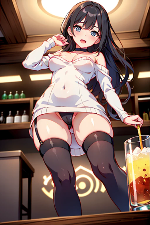 (from below:1.5),(from side:0.9), ((Face)), (Close-Up:1.2), masterpiece,"A 26-year-old girl stands at a bar counter. She is dressed in a stylish off-shoulder dress, sweater dress, off-shoulder sweater, red sweater,garter stocking, cleavage:1.1, midriff, black shorts, black thighhighs, thigh strap, pretty girl, (highly detailed beautiful face and eyes,firm breasts),real skin,((black,hair,long pony tail hair)),thin pubic hair,cute and lovely pose, detailed eyes, This masterpiece is only visually stunning but also tells,(double breasted:0.6,under bust:0.6),(with sparkling eyes and a contagious smile),open mouth. The bar is beautiful, with colorful bottles of alcohol in the background and a soft glow from neon lights. The atmosphere is relaxed, and the girl looks confident and fashionable.",full body, sexy pose,make a cocktail , in a bar counter, Looking at Viewer,