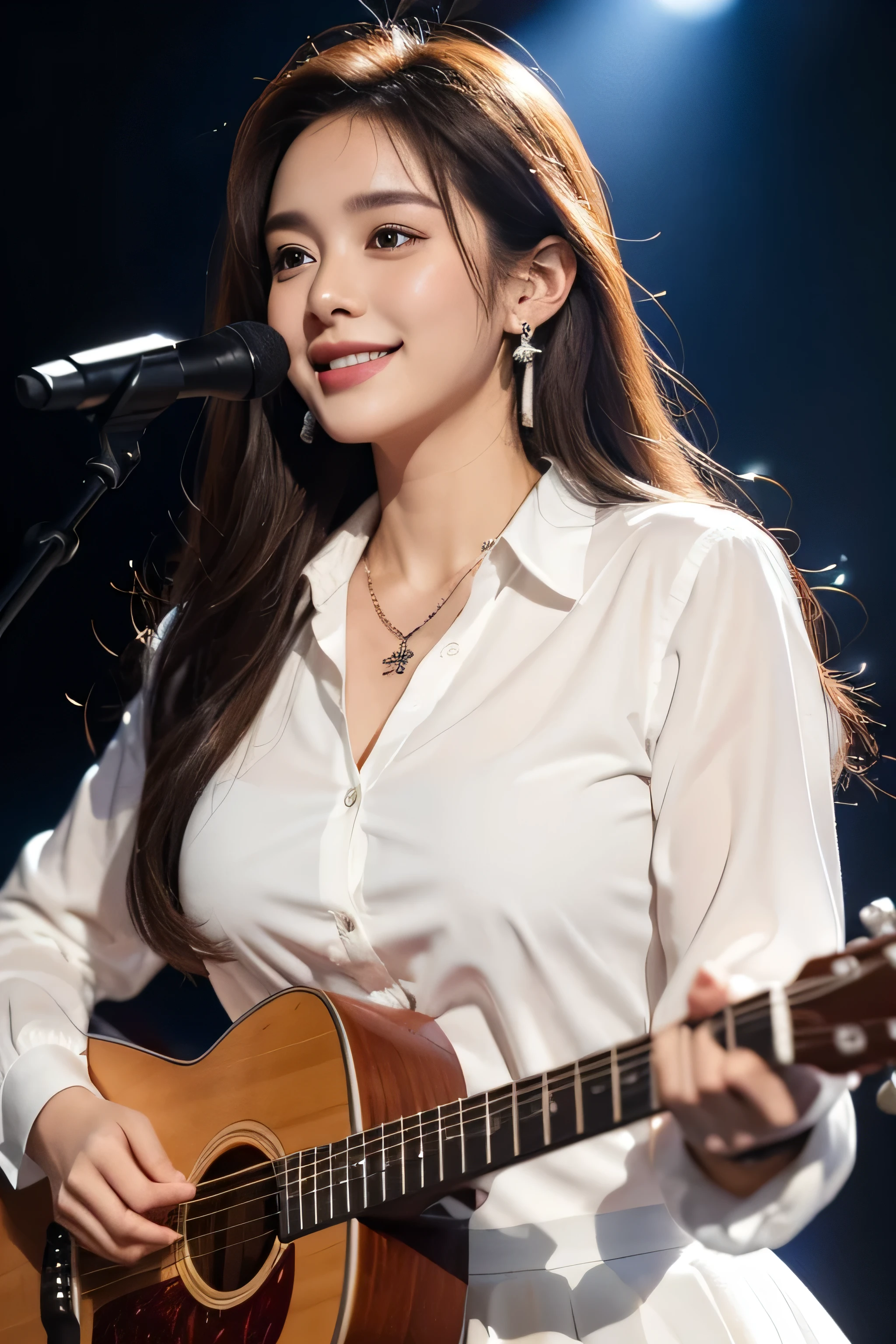 Ultra-high resolution, Better Quality, photo shoot, 4K, (Realistic:1.4) Freckle portrait photography , Big breasts super long brown hair, brown eyes,Wearing white long sleeve button up blouse、white flared mini skirt,shy smile,Gorgeous necklace_Large earrings,at stage at night,Place your left hand gently on your chin,playing guitar,Hold the code properly、Singing into a microphone facing the audience