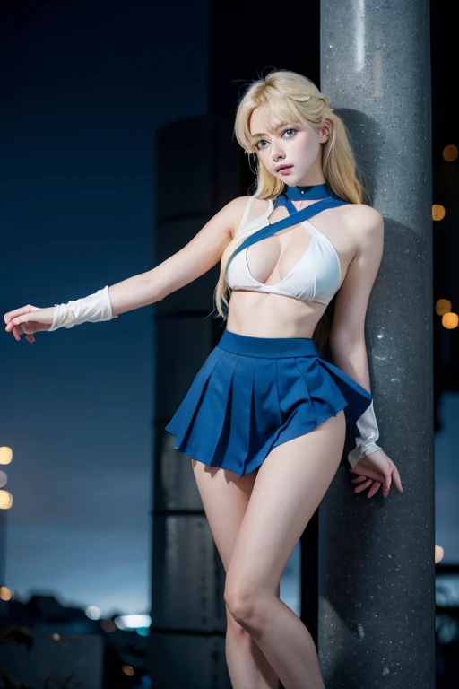 Beautiful girl、Sailor Moon, Beautiful Blue Eyes、White panties、Blonde hair that is almost yellow、Beautiful blonde long hair, A cute 19 year old face、Place your hands horizontally at your sides、Christ Pose、He was put on the cross.、Execution、choker, White gloves, Blue Skirt、Thighs、Big Breasts、Large Breasts、Big Hips、Beautiful feet、Big red ribbon on chest、Defeated Heroine、Torn clothes、I can see your underwear、Skirt fluttering in the wind。rubble、Destroyed city、battlefield、inflammation、Torn Costume、Looking down