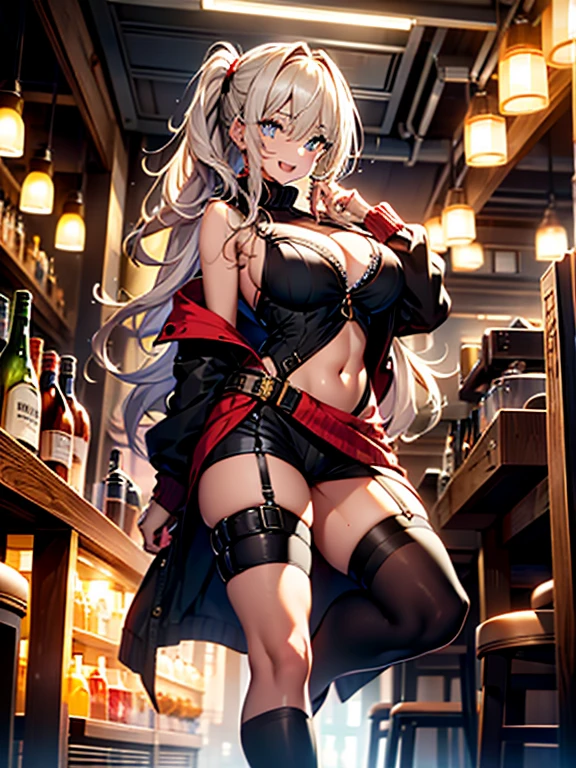 (from below:1.5),(from side:0.9), ((Face)), (Close-Up:1.2), masterpiece,"A 26-year-old girl stands at a bar counter. She is dressed in a stylish off-shoulder dress, sweater dress, off-shoulder sweater, red sweater,garter stocking, cleavage:1.1, midriff, black shorts, black thighhighs, thigh strap, pretty girl, (highly detailed beautiful face and eyes,firm breasts),real skin,((black,hair,long pony tail hair)),thin pubic hair,cute and lovely pose, detailed eyes, This masterpiece is only visually stunning but also tells,(double breasted:0.6,under bust:0.6),(with sparkling eyes and a contagious smile),open mouth. The bar is beautiful, with colorful bottles of alcohol in the background and a soft glow from neon lights. The atmosphere is relaxed, and the girl looks confident and fashionable.",full body, sexy pose,make a cocktail , in a bar counter, Looking at Viewer,