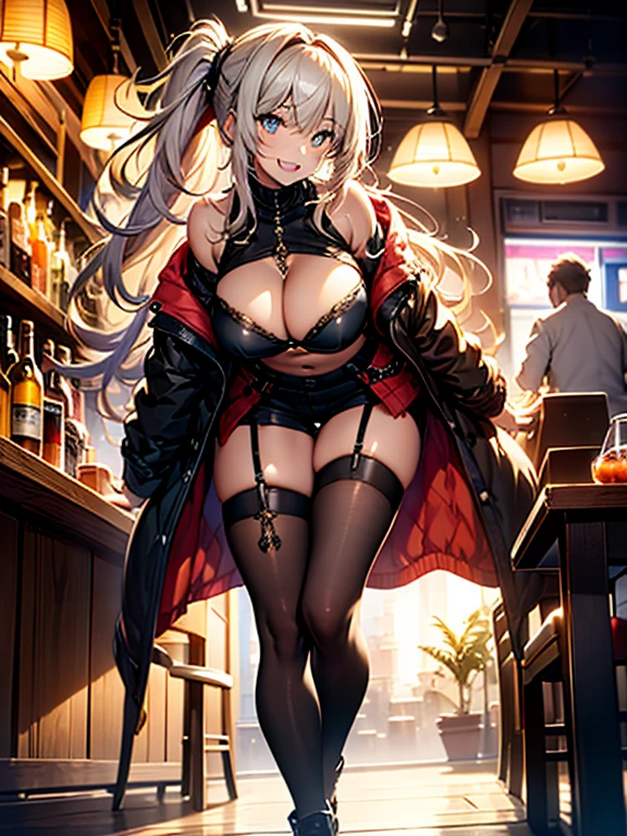 (from below:1.5),(from side:0.9), ((Face)), (Close-Up:1.2), masterpiece,"A 26-year-old girl stands at a bar counter. She is dressed in a stylish off-shoulder dress, sweater dress, off-shoulder sweater, red sweater,garter stocking, cleavage:1.1, midriff, black shorts, black thighhighs, thigh strap, pretty girl, (highly detailed beautiful face and eyes,firm breasts),real skin,((black,hair,long pony tail hair)),thin pubic hair,cute and lovely pose, detailed eyes, This masterpiece is only visually stunning but also tells,(double breasted:0.6,under bust:0.6),(with sparkling eyes and a contagious smile),open mouth. The bar is beautiful, with colorful bottles of alcohol in the background and a soft glow from neon lights. The atmosphere is relaxed, and the girl looks confident and fashionable.",full body, sexy pose,make a cocktail , in a bar counter, Looking at Viewer,