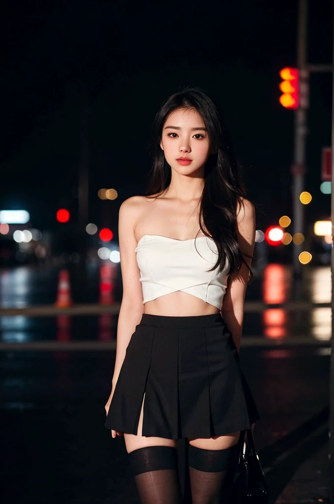 (8k, RAW photo, best quality, masterpiece:1.4), ultra high res, (realistic, photo-realistic:1.48),omertosa,1girl,(Kpop idol), (aegyo sal:1),cute, (super bokeh night city center:1.25), bokeh, night, traffic lights, road sign, rain, after rain, wet, professional lighting, detailed lighting, photon mapping, radiosity, physically-based rendering,Black pantyhosebloom, backlighting, depth of field, natural lighting, hard focus, film grain, one meter shooting distance, professional photoshoot, photographed with a Sony a9 II Mirrorless Camera, detailed eyes, realistic eyes, detailed shadow, looking at viewer, detailed lighting, skirt, red skirt, thighhighs, black thighhighs, (detailed hair, realistic hair, realistic lighting, realistic shadow, realistic outfit), realistic skin, (gun on waist:1), realistic reflection of light from above, ((arms behind back)),(hands behind),tube top,sexy