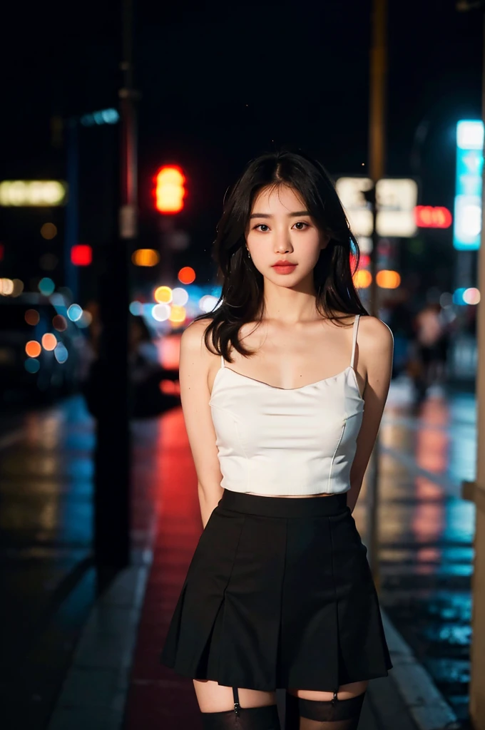 (8k, RAW photo, best quality, masterpiece:1.4), ultra high res, (realistic, photo-realistic:1.48),omertosa,1girl,(Kpop idol), (aegyo sal:1),cute, (super bokeh night city center:1.25), bokeh, night, traffic lights, road sign, rain, after rain, wet, professional lighting, detailed lighting, photon mapping, radiosity, physically-based rendering,Black pantyhosebloom, backlighting, depth of field, natural lighting, hard focus, film grain, one meter shooting distance, professional photoshoot, photographed with a Sony a9 II Mirrorless Camera, detailed eyes, realistic eyes, detailed shadow, looking at viewer, detailed lighting, skirt, red skirt, thighhighs, black thighhighs, (detailed hair, realistic hair, realistic lighting, realistic shadow, realistic outfit), realistic skin, (gun on waist:1), realistic reflection of light from above, ((arms behind back)),(hands behind),tube top,sexy