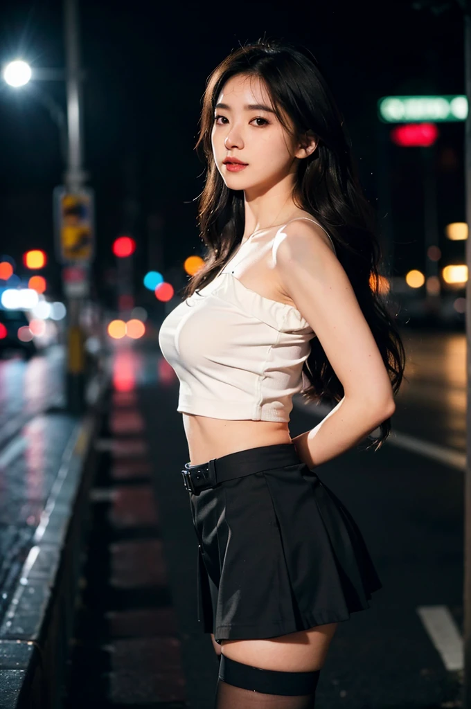 (8k, RAW photo, best quality, masterpiece:1.4), ultra high res, (realistic, photo-realistic:1.48),omertosa,1girl,(Kpop idol), (aegyo sal:1),cute, (super bokeh night city center:1.25), bokeh, night, traffic lights, road sign, rain, after rain, wet, professional lighting, detailed lighting, photon mapping, radiosity, physically-based rendering,Black pantyhosebloom, backlighting, depth of field, natural lighting, hard focus, film grain, one meter shooting distance, professional photoshoot, photographed with a Sony a9 II Mirrorless Camera, detailed eyes, realistic eyes, detailed shadow, looking at viewer, detailed lighting, skirt, red skirt, thighhighs, black thighhighs, (detailed hair, realistic hair, realistic lighting, realistic shadow, realistic outfit), realistic skin, (gun on waist:1), realistic reflection of light from above, ((arms behind back)),(hands behind),tube top,sexy