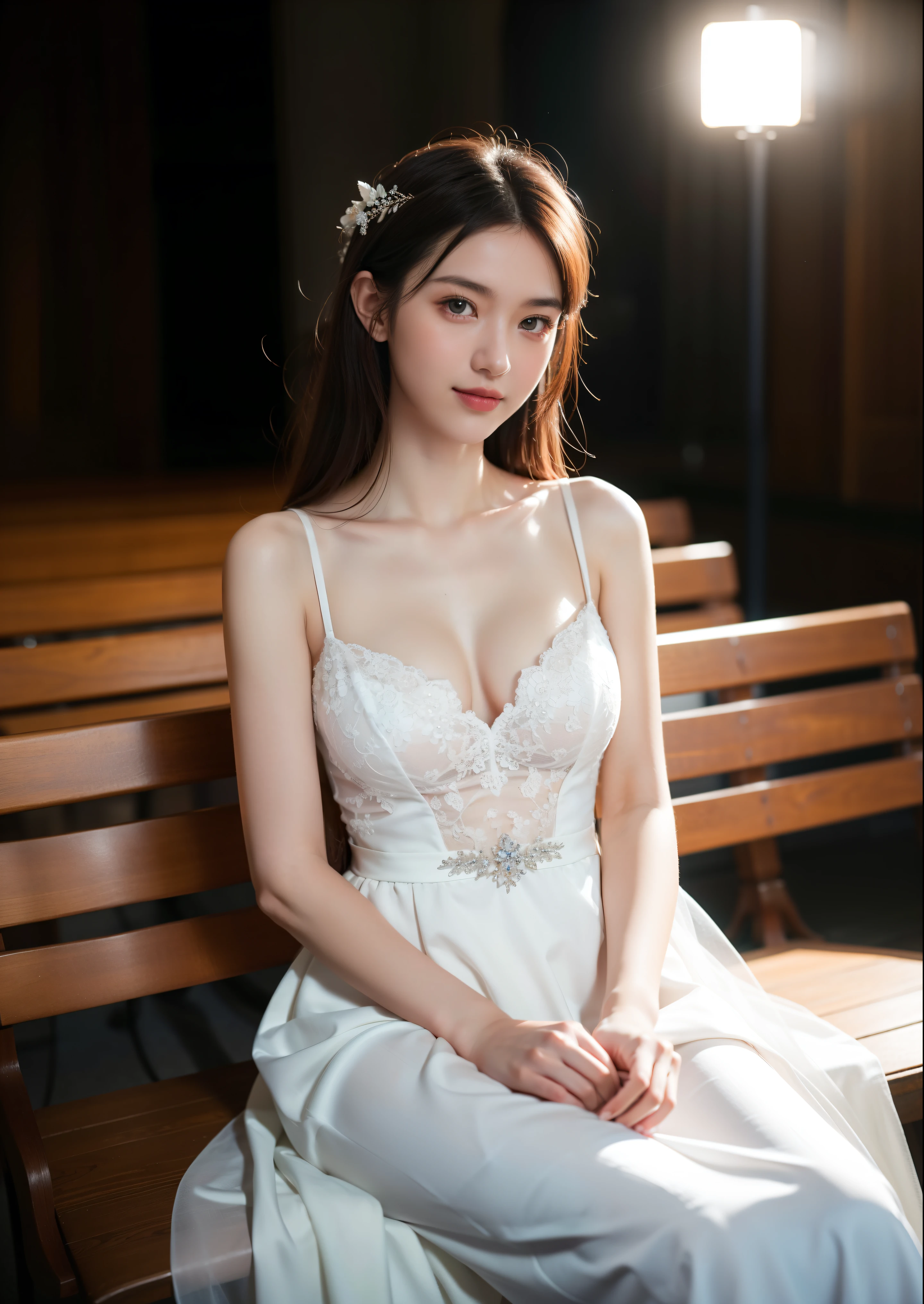 Beautiful 17 year old woman。She is wearing a wedding dress. She is smiling on illuminated by the evening church lights . romantic sunset. her dark brown hair. High resolution、masterpiece、highest quality、頭w:1.0、((Hasselblad Photos))、fine skin、(movie lighting)、clavicle . full body picture.