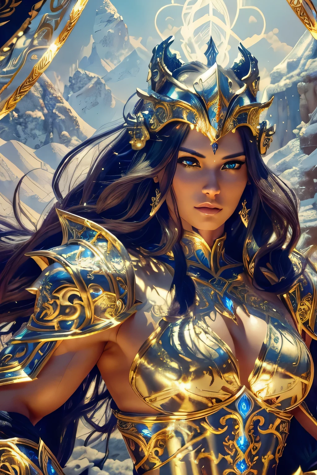 (highres:1.2),detailed face,strong and determined expression,beautiful and fierce eyes,long flowing hair,fantasy warrior,elaborate armor,ornate helmet,tall and muscular physique,glowing magical symbols,heroic pose,majestic background,fine details on the sword,metallic reflections on the armor,realistic light and shadows,vivid colors, epic atmosphere, beautiful woman