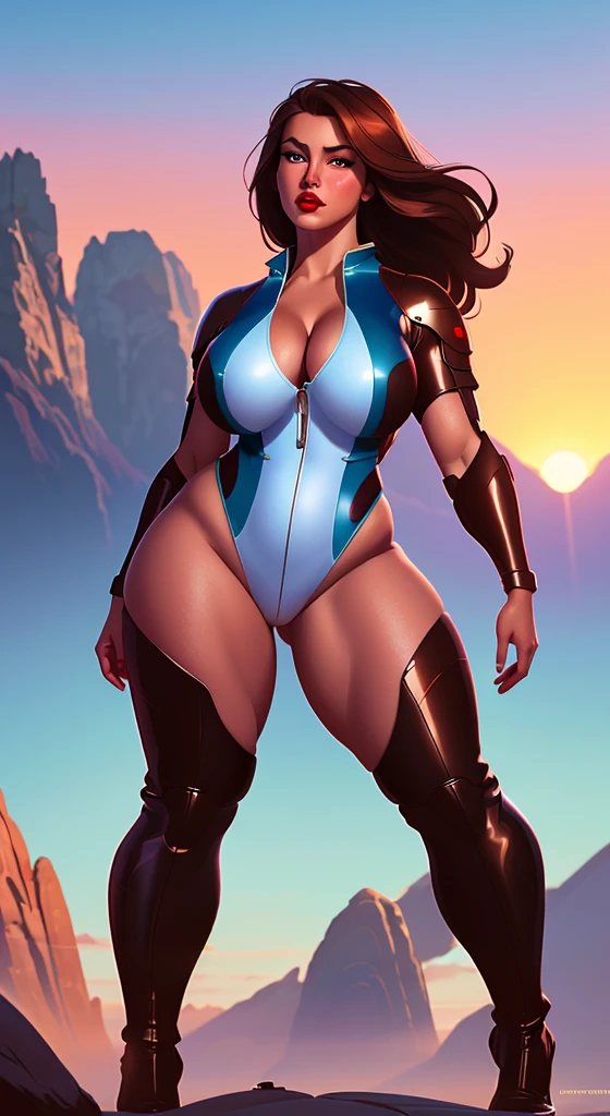 Rebecca Linares, perfect body, full body, big , big booty looking at the camera, brown eyes, hot thick red lips, parted lips, sensuality, Glossy enamel lime and white swinsuit armored cyberpunk, correct deformed fingers, photorealistic, sharpened eyes, (((eyes to the camera))) Pretty Features, Spaceship Interior,Hyperrealism Painting Concept ART of Detailed Character Design Matte Painting, 4K Resolution Blade Runner, Mysterious, REALISTIC, Masterpiece, realistic, (chubby:1.2), (droopy breasts:1.2), (hanging breasts:1.2) Hyper_girl, ((Standing in the middle TOP OF A HIGH ROCKY MOUNTAIN, SUNSET, BLUE SKY,))