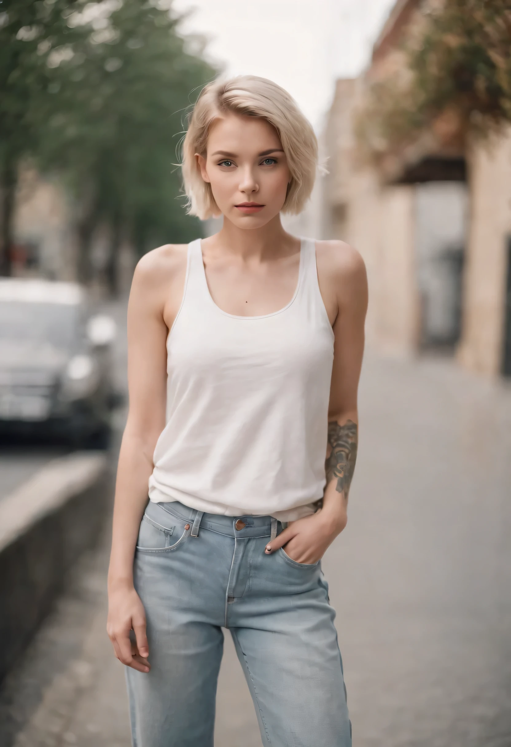 a young woman with Short blonde hair standing outside, in the style of cool,White tank top with few arm tattoo, baggy denim pants, zeiss planar t* 88mm f/2.8, kodak portra, uhd image, sovietwave, distinct facial features,