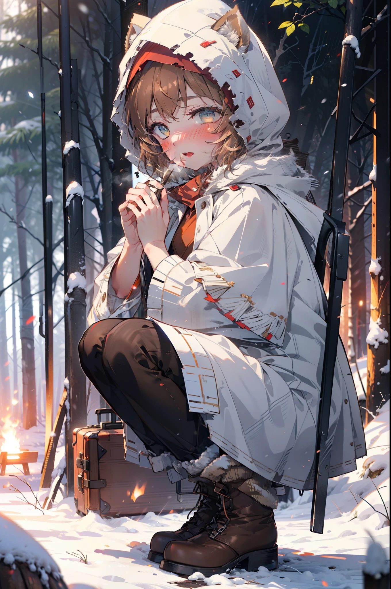 Lililukarde, Liliruka gets burned, Animal ears, (Brown eyes:1.7), Brown Hair, (Flat Chest:1.2), short hair,smile,blush,White Breath,
Open your mouth,snow,Ground bonfire, Outdoor, boots, snowing, From the side, wood, suitcase, Cape, Blurred, having meal, forest, White handbag, nature,  Squat, Mouth closed, Cape, winter, Written boundary depth, Black shoes, red Cape break looking at viewer, Upper Body, whole body, break Outdoor, forest, nature, break (masterpiece:1.2), highest quality, High resolution, unity 8k wallpaper, (shape:0.8), (Beautiful and beautiful eyes:1.6), Highly detailed face, Perfect lighting, Extremely detailed CG, (Perfect hands, Perfect Anatomy),