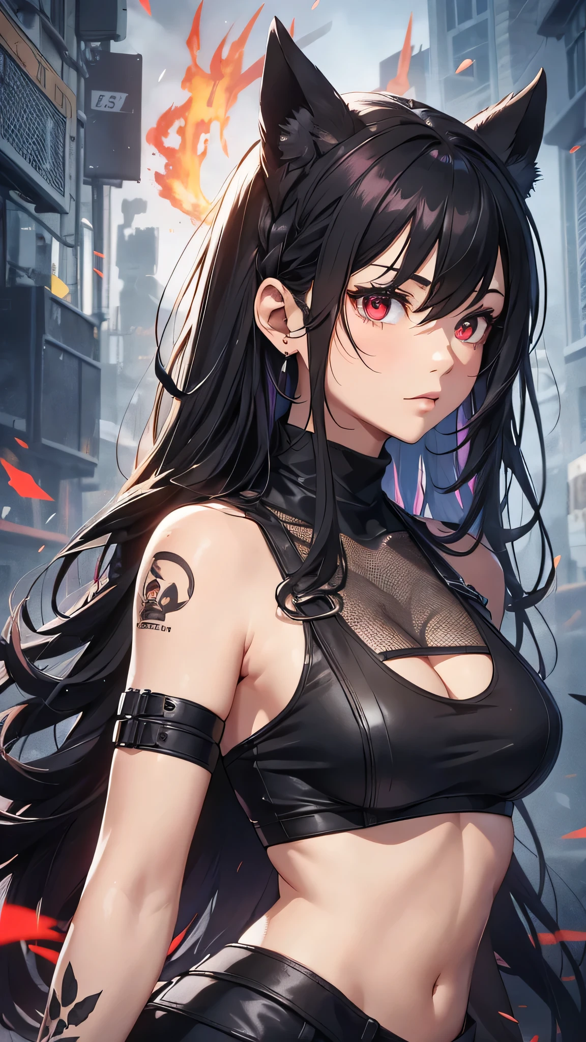 最high quality、Best image quality、masterpiece、girl((Age 25、 By becoming、Best Bust、Medium Bust,Wide open breast tea、Red glowing eyes,Black Hair、Red Mesh、Disheveled Hair、Lointail、thin,The highest valley、Open chest、Luminous Wristbands、hair ornaments、Show the whole body,Black tank top、Red Bandana、Military pantuscular、Survival knife、scar)),high quality、Beautiful art、background((Photography room))、Flight、Flying debris、Written boundary depth、movie、Visual Arts、Perfect art、8K,Genuine,