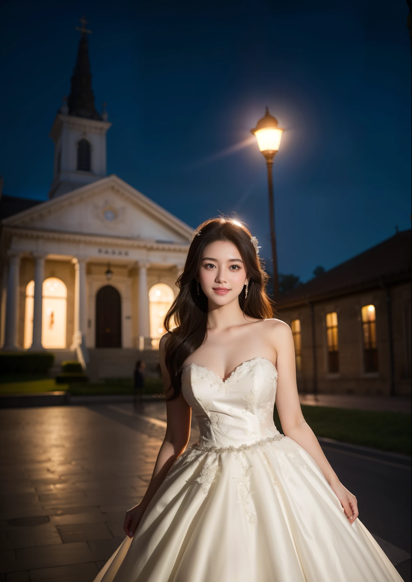 Beautiful 17 year old woman。She is wearing a wedding dress. She is smiling on illuminated by the evening church lights . romantic sunset. her dark brown hair. High resolution、masterpiece、highest quality、頭w:1.0、((Hasselblad Photos))、fine skin、(movie lighting)、clavicle . full body picture.