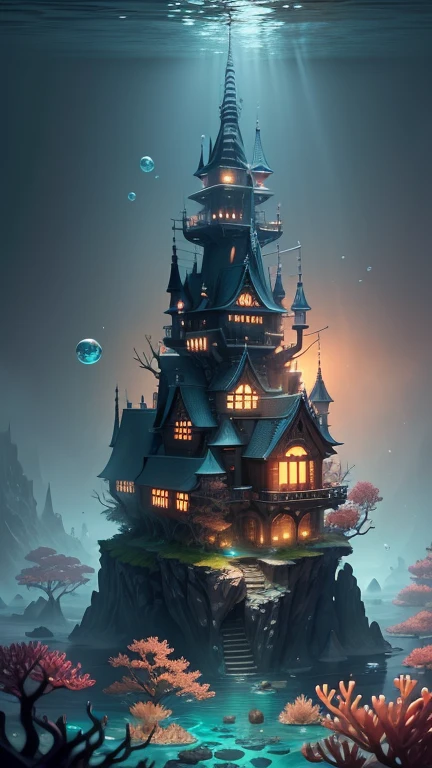 Model shooting style, (Highly detailed CG Unity 8k wallpaper),((Bubbling underwater landscape)),Large Japanese castle made of transparent ice underwater,Old-fashioned,Beautiful underwater Japanese castle,Colorful tropical fish, Beautiful coral reef in the background,Vast and breathtaking views.Immerse yourself in the beautiful deep sea,art germ, Broken glass, ((Bubbling underwater landscape)),Deep sea concept art, Inspired by Andreas Rocha, Andreas Rocha Style, Detailed fantasy digital art, Highly detailed digital art in 4K, Fantasy Art Behance, Surreal deep sea landscape, ❄️ Dream concept art, Andreas Rocha, highly detailed fantasy art, Detailed digital 2D fantasy art