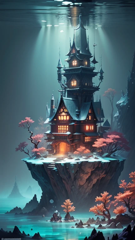Model shooting style, (Highly detailed CG Unity 8k wallpaper),((Bubbling underwater landscape))，Large Japanese castle made of transparent ice underwater,Old-fashioned，Beautiful underwater Japanese castle，Colorful tropical fish, Beautiful coral reef in the background，Vast and breathtaking views.Immerse yourself in the beautiful deep sea，art germ, Broken glass, ((Bubbling underwater landscape))，Deep sea concept art, Inspired by Andreas Rocha, Andreas Rocha Style, Detailed fantasy digital art, Highly detailed digital art in 4K, Fantasy Art Behance, Surreal deep sea landscape, ❄️ Dream concept art, Andreas Rocha, highly detailed fantasy art, Detailed digital 2D fantasy art