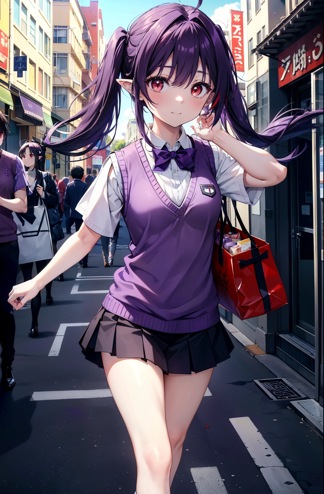 yuukikonno, Yuki Konno, hair band, Long Hair, Pointy Ears, Purple Hair,Low twin tails, (Red eyes:1.5), (Small breasts:1.2), smile,White shirt,Sweater vest, (purple Sweater vest:1.5),Short sleeve,,Black pleated skirt,black tights,Brown Loafers,Toast in the mouth, running, City Street,morning,morning日,sunrise,Walking,whole bodyがイラストに入るように,
break looking at viewer, whole body,
break outdoors, Residential Street,crowd, people々々々々,
break (masterpiece:1.2), highest quality, High resolution, unity 8k wallpaper, (shape:0.8), (Beautiful and beautiful eyes:1.6), Highly detailed face, Perfect lighting, Highly detailed CG, (Perfect hands, Perfect Anatomy),