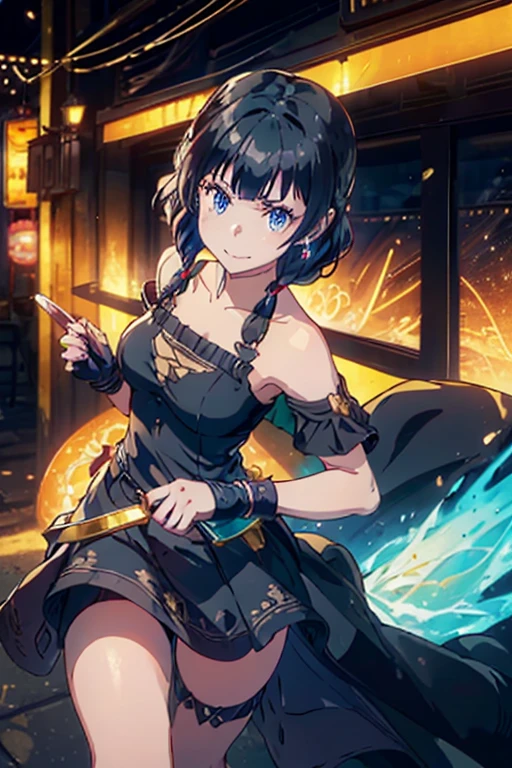 (dynamic angle:1.3, front view:1.1, breast focus:1.3, from below:1.2), (dynamic posing:1.5, sexy posing:1.2, leaning forward), (seductive smiling:1.3), beutiful woman, 1girl,fullbody, happy, (with sparkling eyes and a contagious smile:1.2), red face, closed mouth, beautiful detailed eyes, super detailed skin, backlighting, bare shoulders, black background, black dress, black gloves, black hair, breasts, dress, earrings, fingerless gloves, floating hair, floral print, flower, gloves, gold earrings, gold hairband, hair flower, hair ornament, hairband, holding, holding two-hands knife weapon, jewelry, small breasts:1.2, long hair, looking at viewer, off-shoulder dress, off shoulder,blue eyes, short hair with long locks, sidelocks, solo, spikes, thighs, two-sided dress, two-sided fabric, weapon, fighting stance , face, close up, from above, highest quality, high resolution,Real World, Natural light,perfect Natural light,looking at viewer,The bar is beautiful, with colorful bottles of alcohol in the background and a soft glow from neon lights.