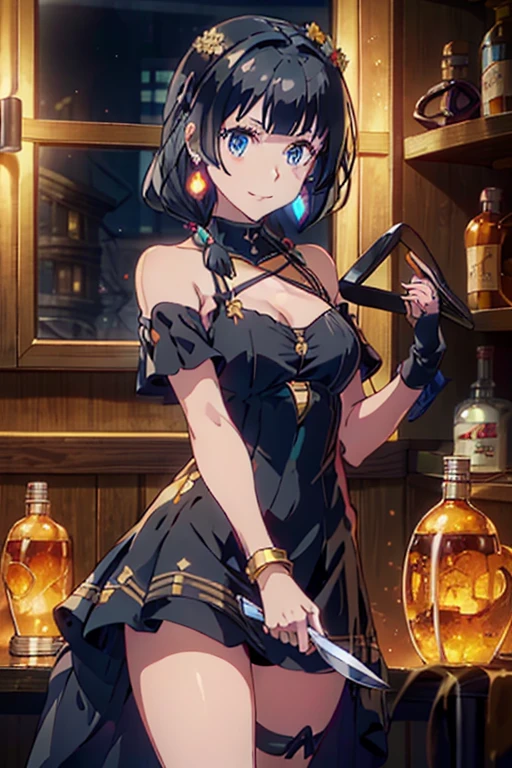 (dynamic angle:1.3, front view:1.1, breast focus:1.3, from below:1.2), (dynamic posing:1.5, sexy posing:1.2, leaning forward), (seductive smiling:1.3), beutiful woman, 1girl,fullbody, happy, (with sparkling eyes and a contagious smile:1.2), red face, closed mouth, beautiful detailed eyes, super detailed skin, backlighting, bare shoulders, black background, black dress, black gloves, black hair, breasts, dress, earrings, fingerless gloves, floating hair, floral print, flower, gloves, gold earrings, gold hairband, hair flower, hair ornament, hairband, holding, holding two-hands knife weapon, jewelry, small breasts:1.2, long hair, looking at viewer, off-shoulder dress, off shoulder,blue eyes, short hair with long locks, sidelocks, solo, spikes, thighs, two-sided dress, two-sided fabric, weapon, fighting stance , face, close up, from above, highest quality, high resolution,Real World, Natural light,perfect Natural light,looking at viewer,The bar is beautiful, with colorful bottles of alcohol in the background and a soft glow from neon lights.